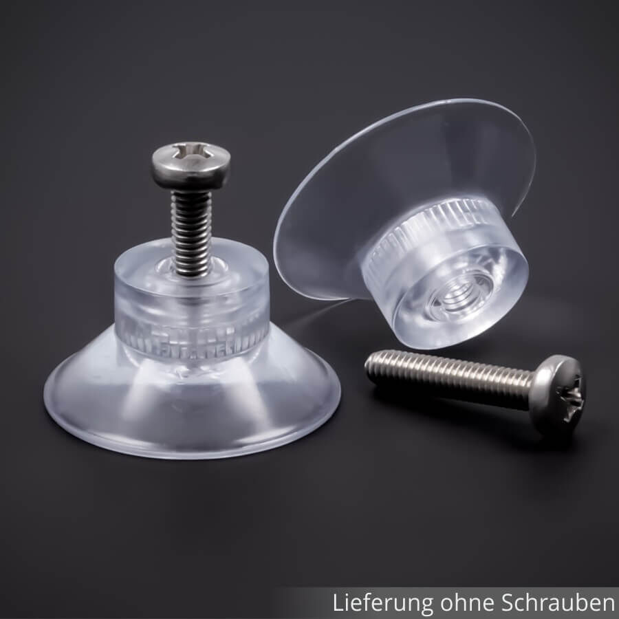 Saugnapf Ø30mm mit Innengewinde stehend und liegend mit Schrauben auf schwarzen Untergrund