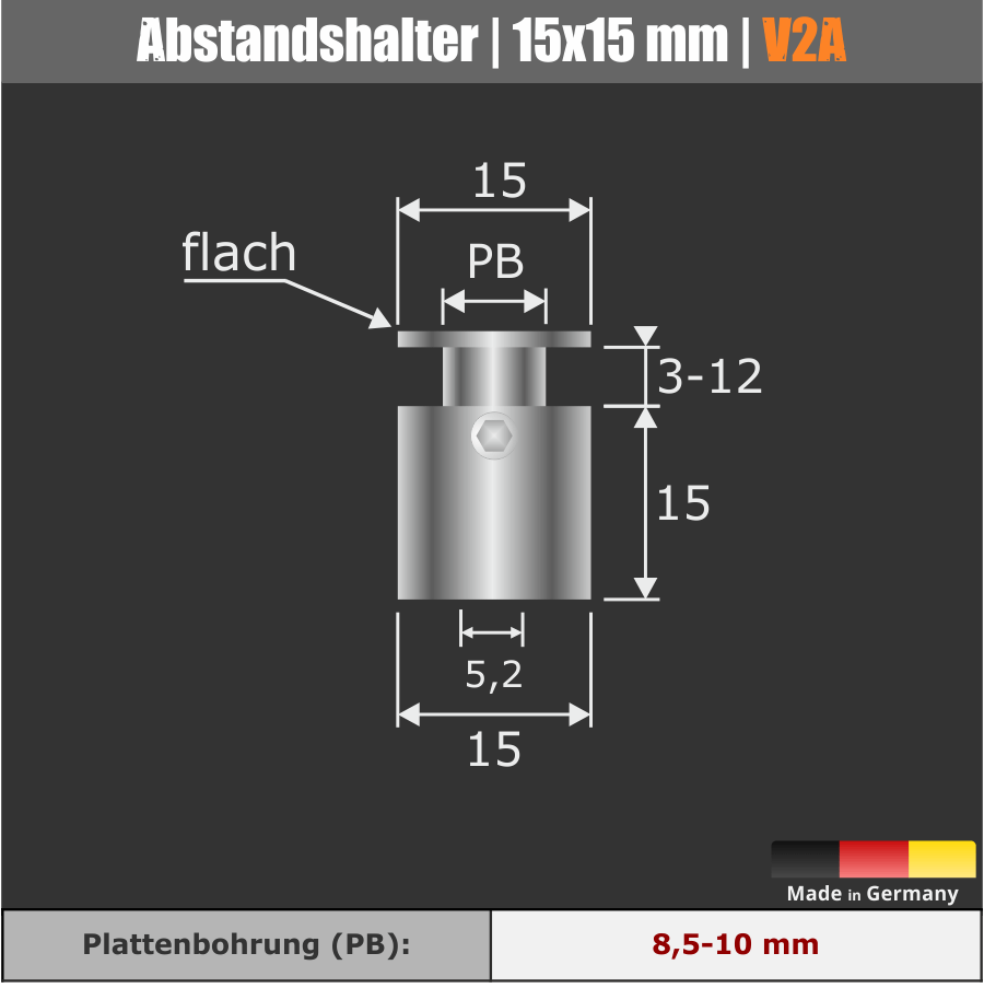 Abstandshalter mit Madenschraube aus Edelstahl Skizze vor einfarbigem grauen Hintergrund