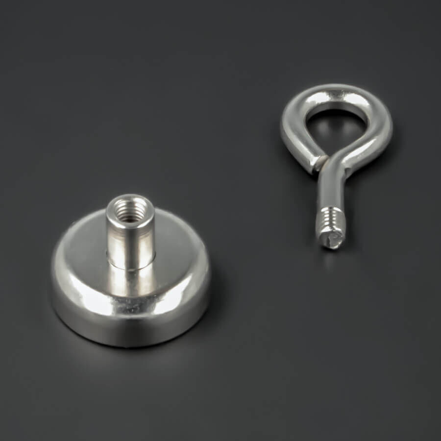 Topfmagnet mit Öse Ø 25mm Innengewinde M5x8mm Lieferumfang auf dunklem Untergrund