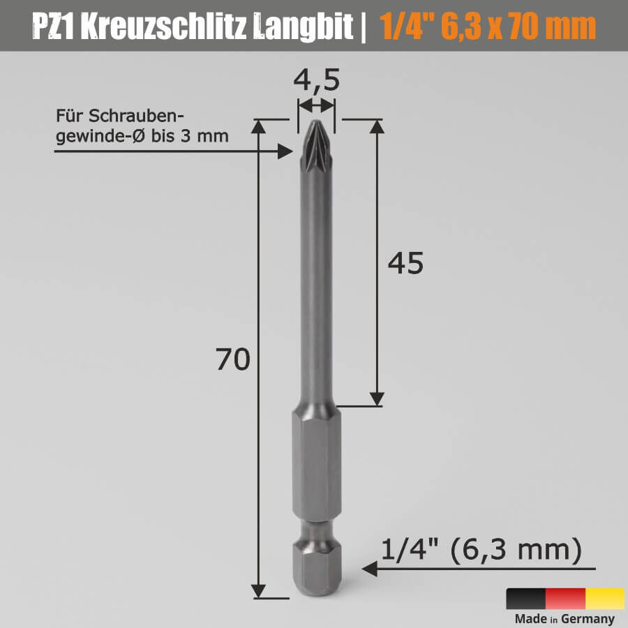 Kreuzschlitz-Bit PZ1 Skizze mit Maßen auf hellem Hintergrund