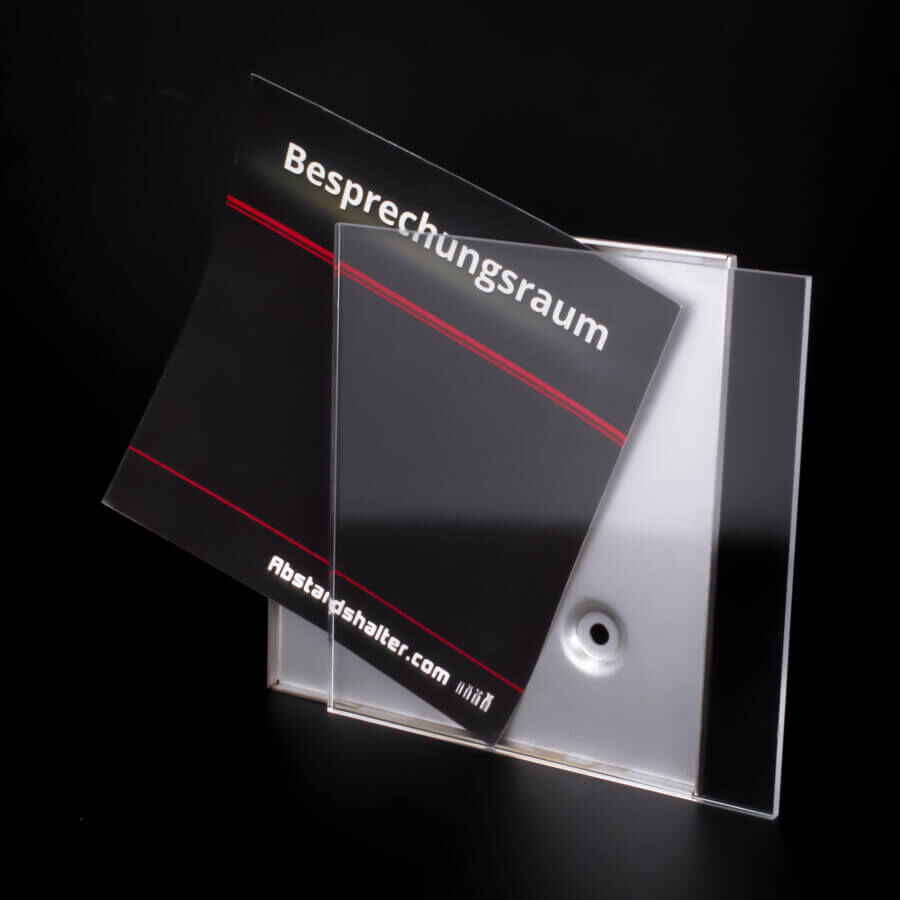 Edelstahl Türschild 150x150 mm mit Plexigalsscheibe auf schwarzen Untergrund