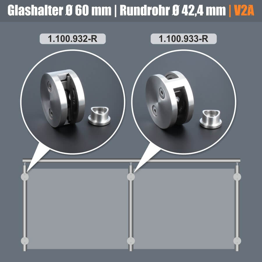 Glashalter Edelstahl rund Ø60mm einseitig front Rohr Ø42,4mm Anwendungsbeispiel Geländer