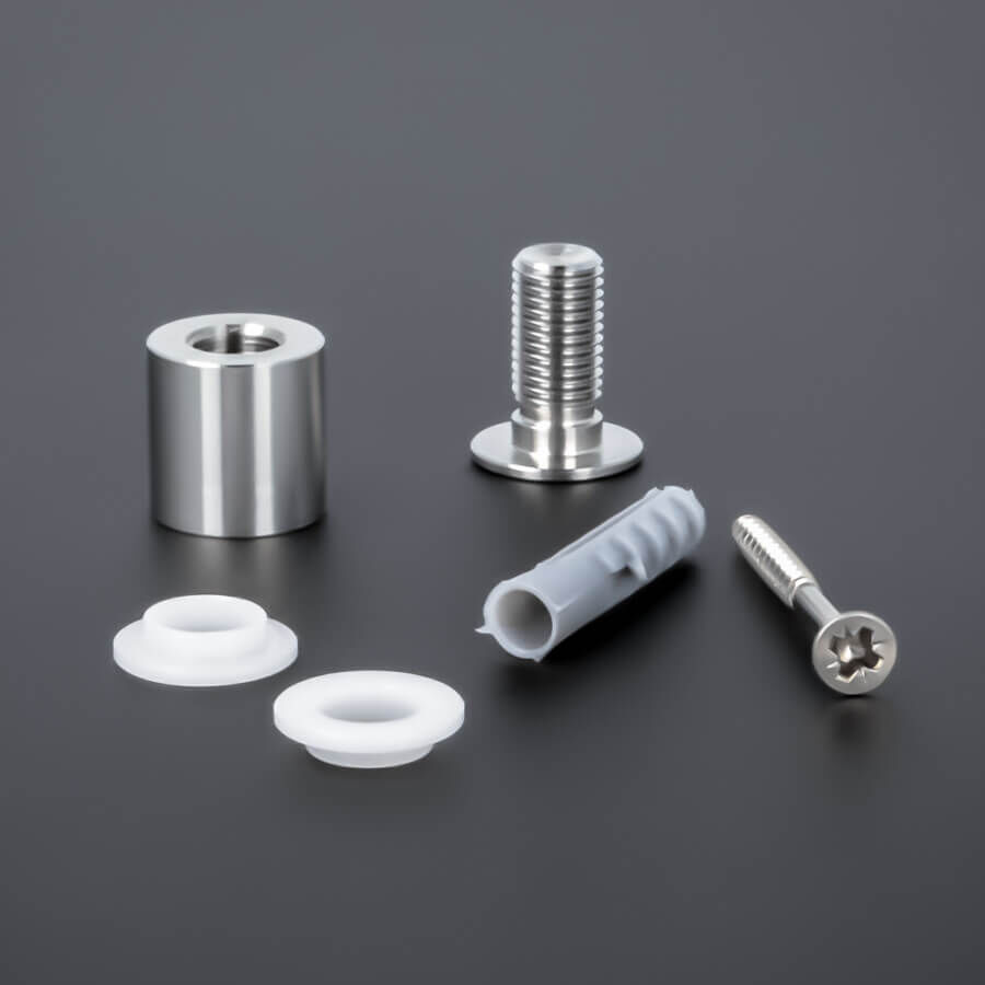 Glashalter schraubbar V4A  Ø:15 mm Lieferumfang auf dunklem Untergrund