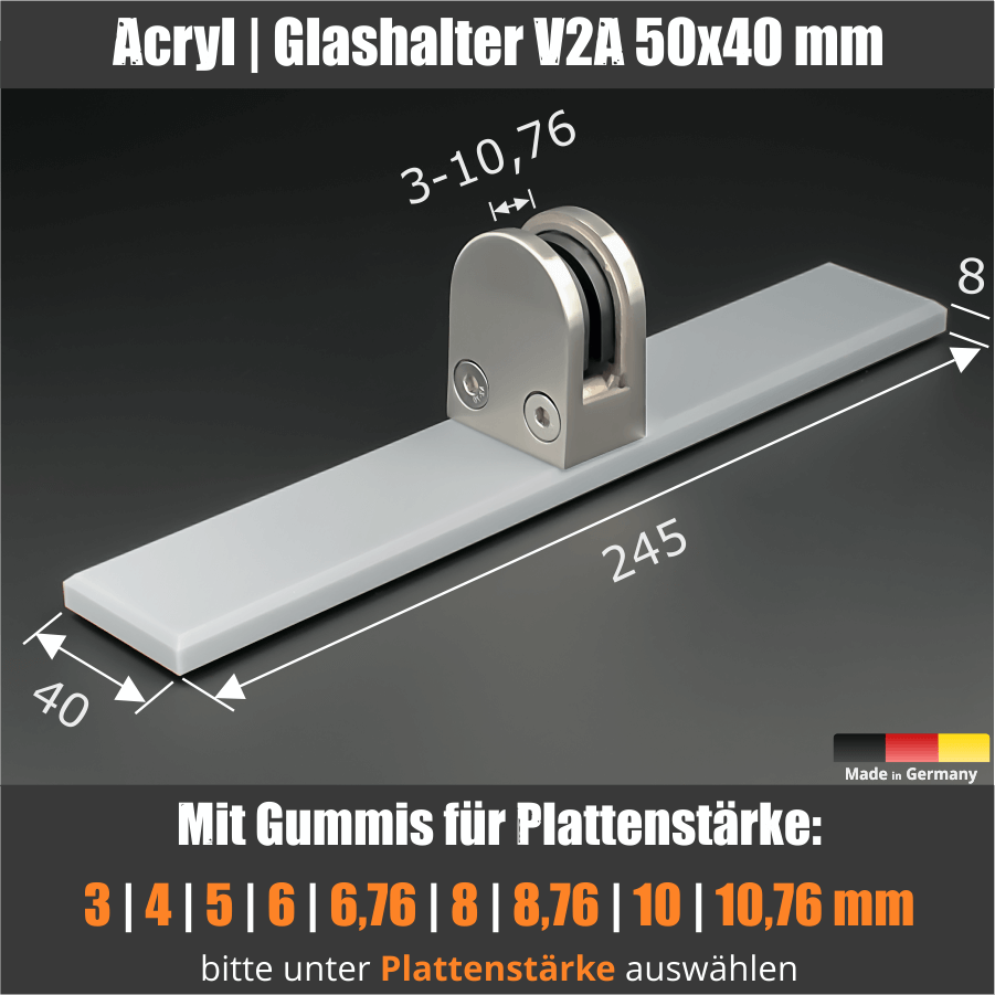 Tischaufsteller Edelstahl Plexiglas Fuß für Glasplatten mit Maßen auf schwarzen Untergrund