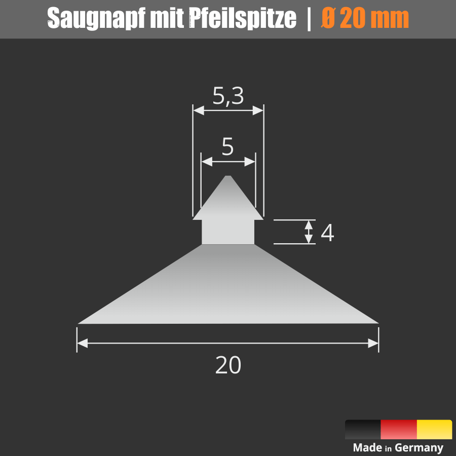 Saugnapf Ø 20 mm Pfeil-Spitze | mit Saugnäpfen befestigen | Saugknöpfe Skizze mit Maße
