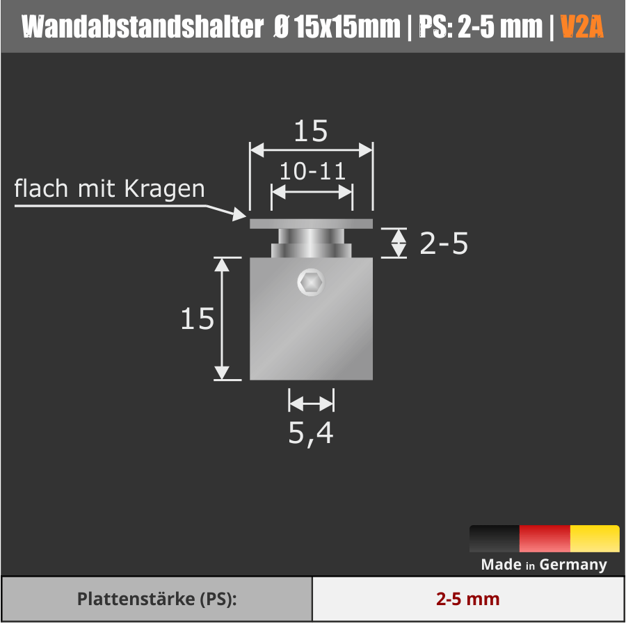 Wandabstandhalter 4-eckig Edelstahl V2A Skizze mit Maße auf schwarzem Untergrund