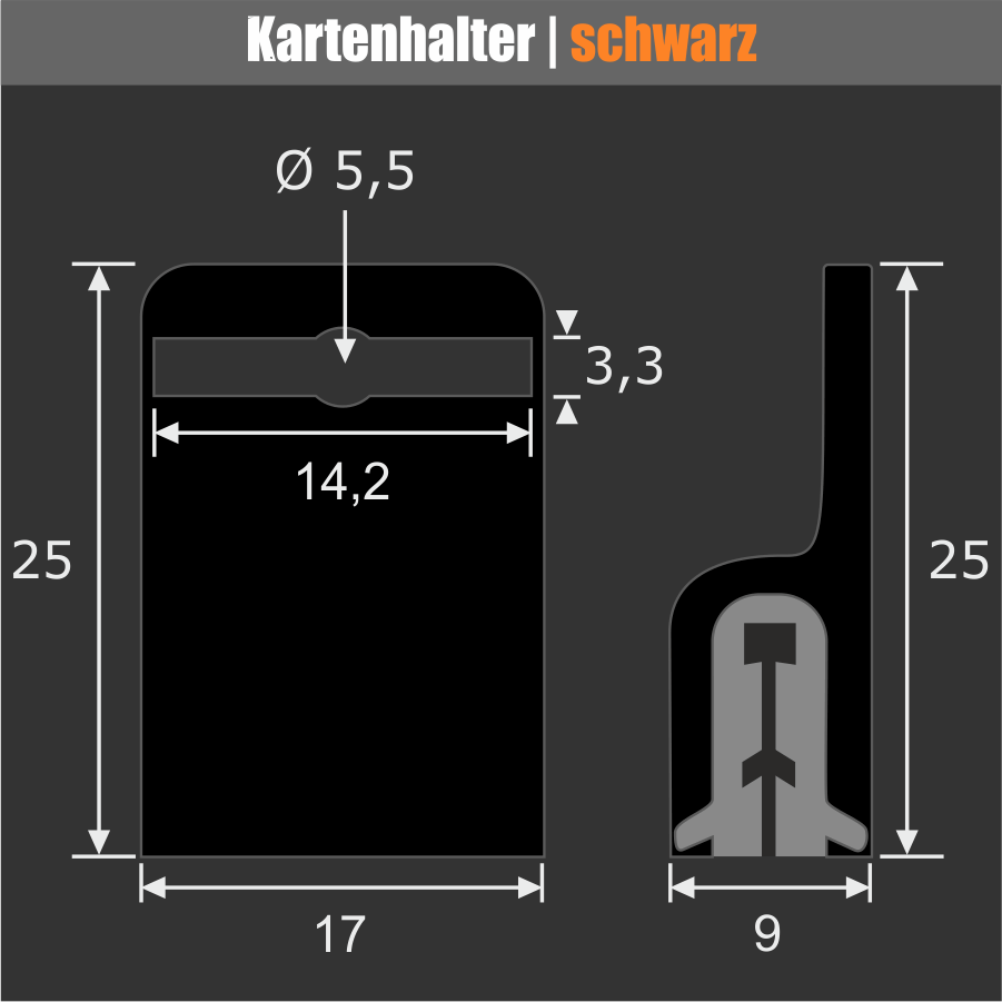 Kartenhalter Ausweishalter Skizze mit Maßen auf dunklem Hintergrund