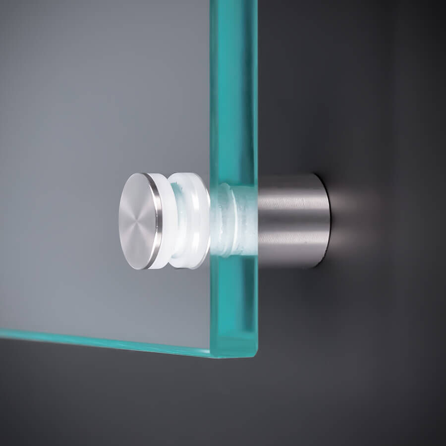 Sandwichplatten Halter schraubbar V2A montiert mit einer Scheibe an dunkler Wand