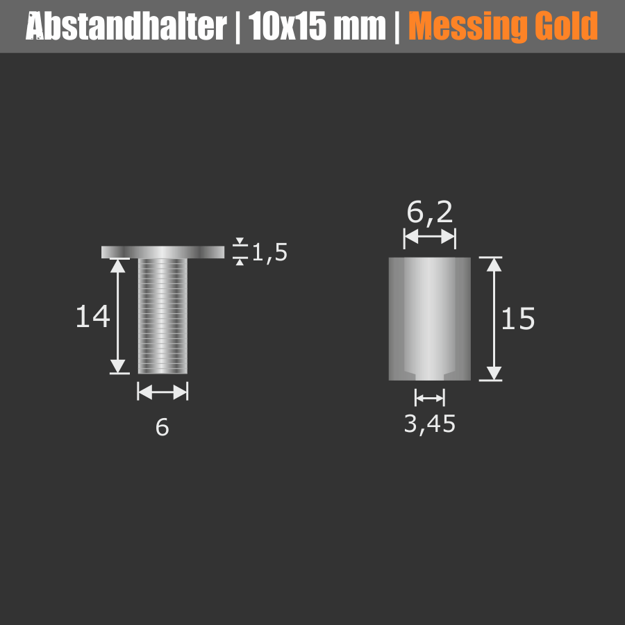 Abstandshalter Messing Lack klar Ø10 mm Skizze mit Maße demontiert auf schwarzen Hintergrund