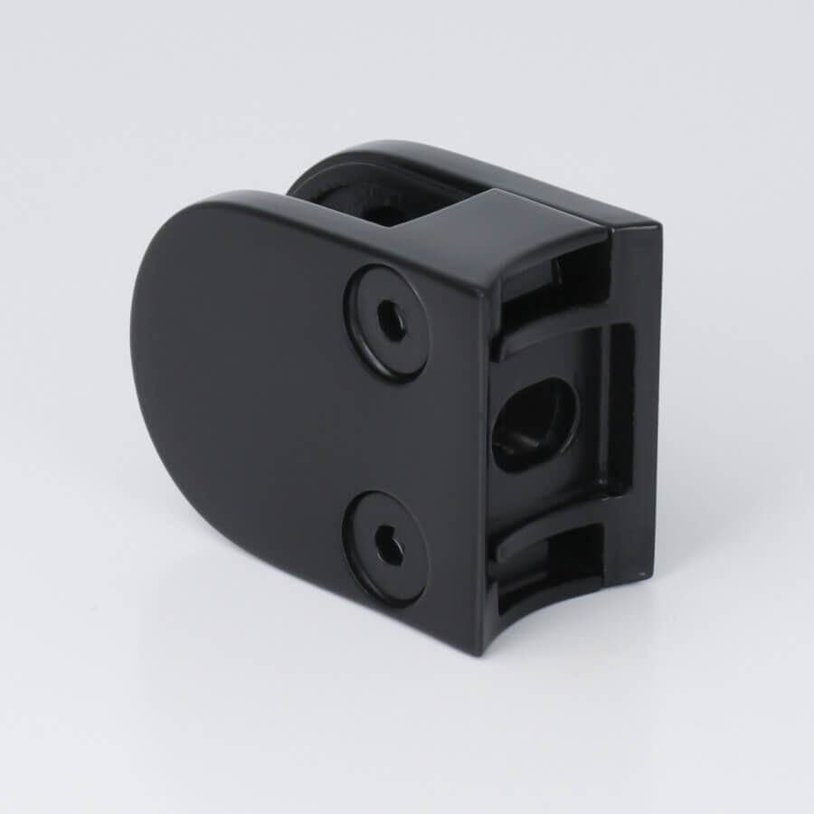 Glashalter Edelstahl V2A 50 x 40 mm schwarz RAL9005 halbrund Rückseite auf hellen Untergrund