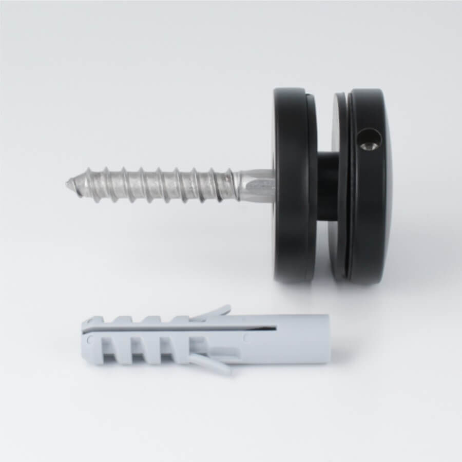 Glas-Punkthalter Edelstahl Ø 50 mm schwarz liegend mit Dübel auf hellen Untergrund