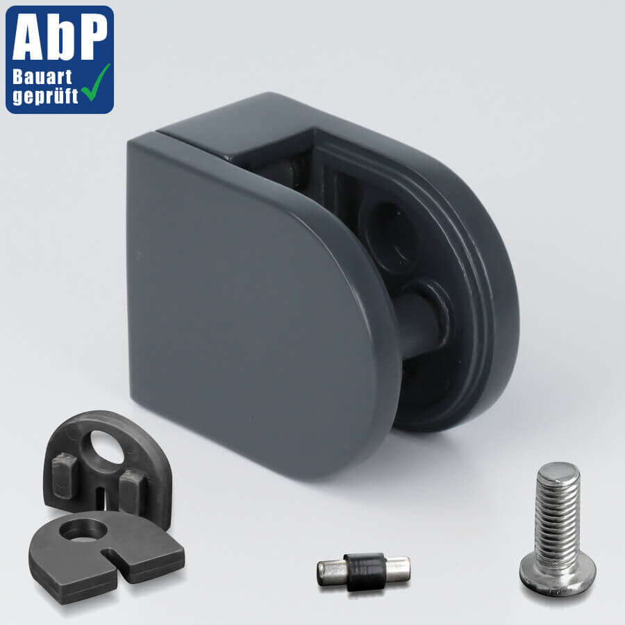 Glashalter Edelstahl V2A 50 x 40 mm anthrazit RAL7016 halbrund auf hellen Untergrund mit Zubehör