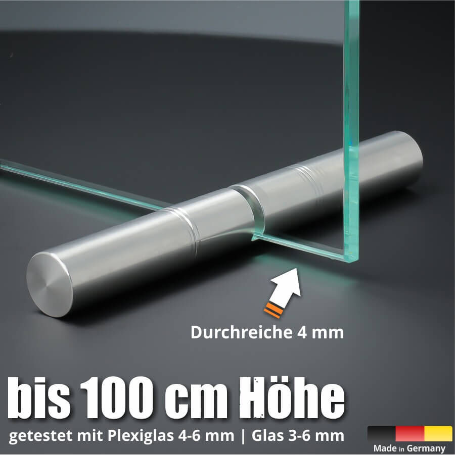 Tischaufsteller 150mm Spuckschutz Plexiglas Glas Platten Ø18 mit einer Scheibe liegend auf dunklem Untergrund 