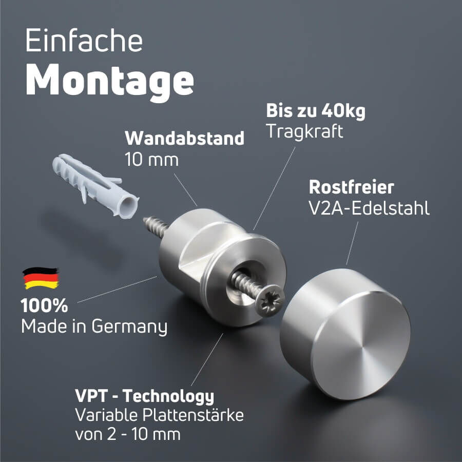 Klemmhalter Spiegel Glas aus Edelstahl Montageanleitung auf dunklem Untergrund