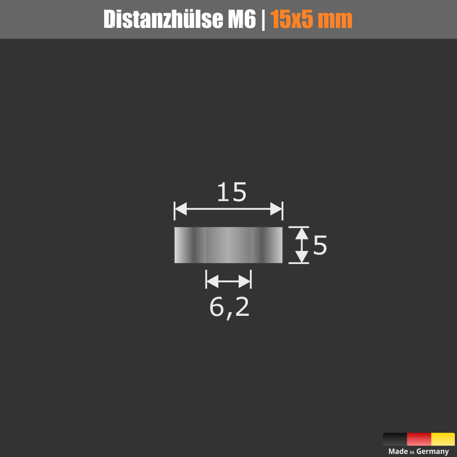 Distanzring Distanzhülse Edelstahl Ø15x5mm Skizze mit Abmessungen auf schwarzem Untergrund