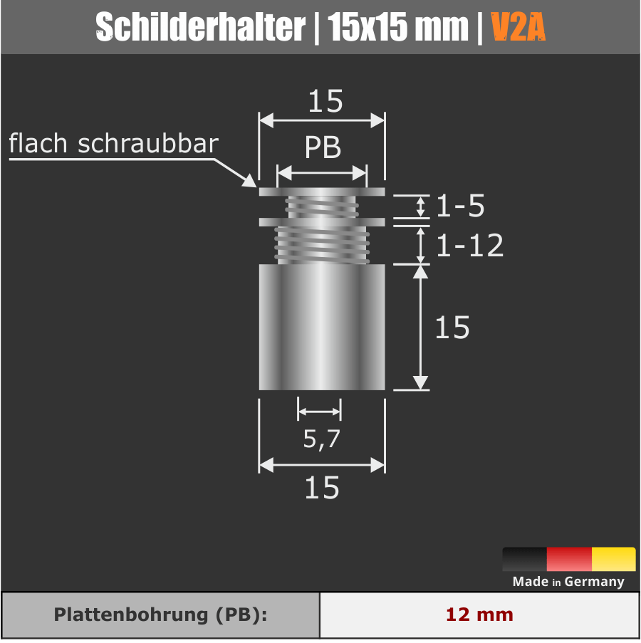 Abstandshalter V2A vormontierbar schraubbar Bemaßungen auf schwarzem Untergrund
