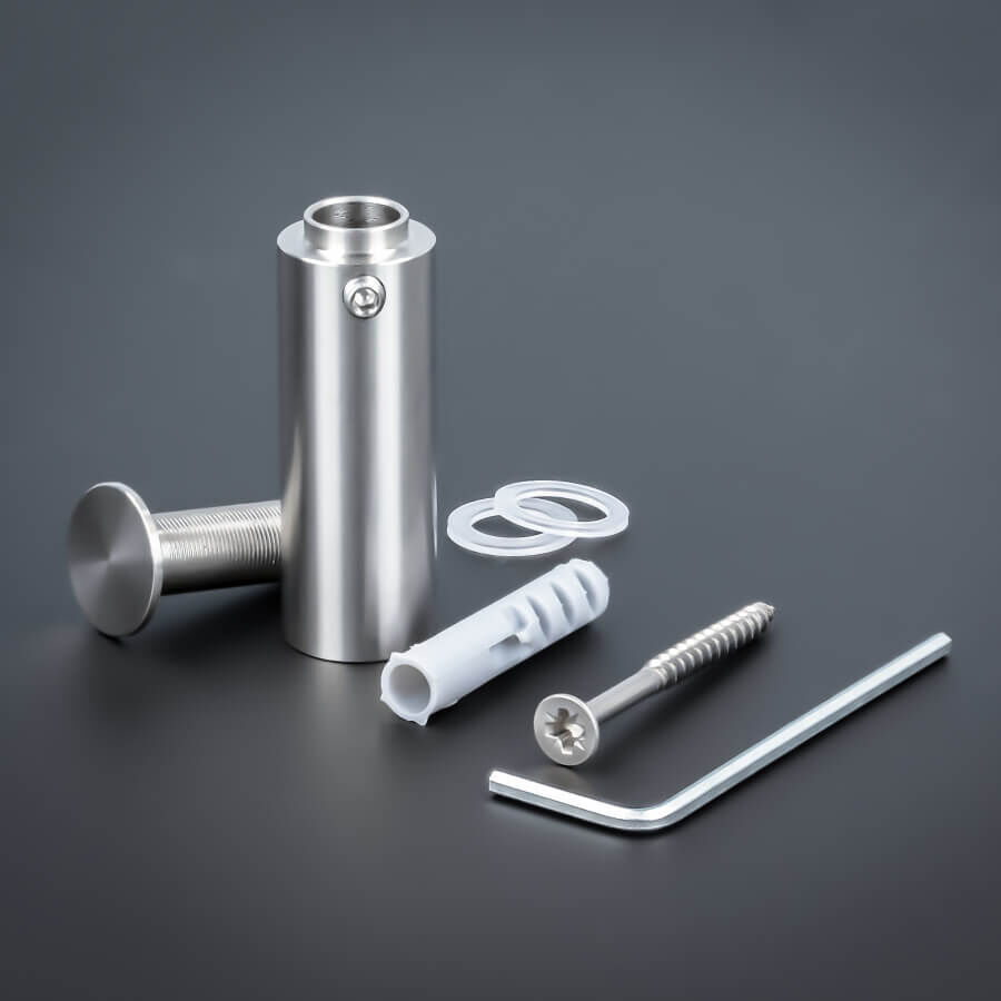 Abstandhalter Schilder Edelstahl Ø 15 mm WA: 40 mm Lieferumfang auf dunklem Untergrund
