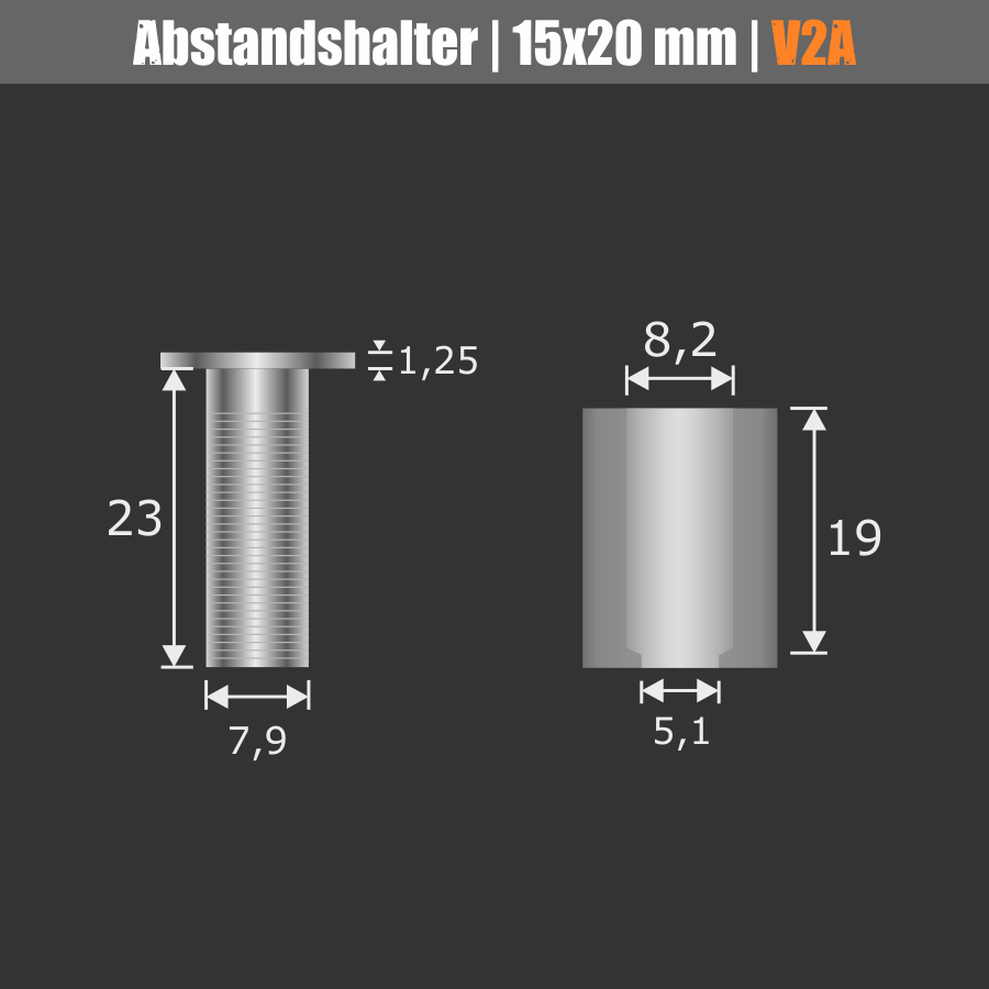 Abstandshalter rund Edelstahl V2A Ø 15 mm Skizze der Bauteile