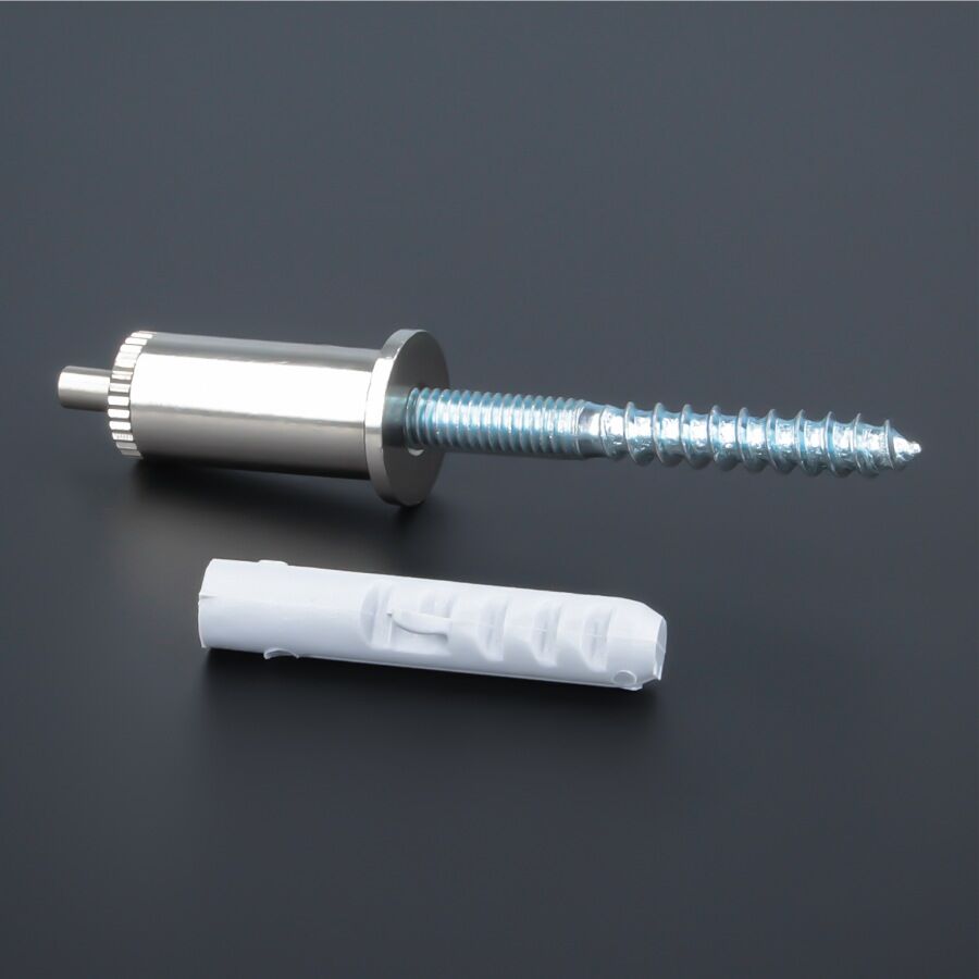 Decken-Drahtseilhalter Messing vern. Ø16mm Stockschraube mit Stockshraube und Dübel auf dunklem Untergrund