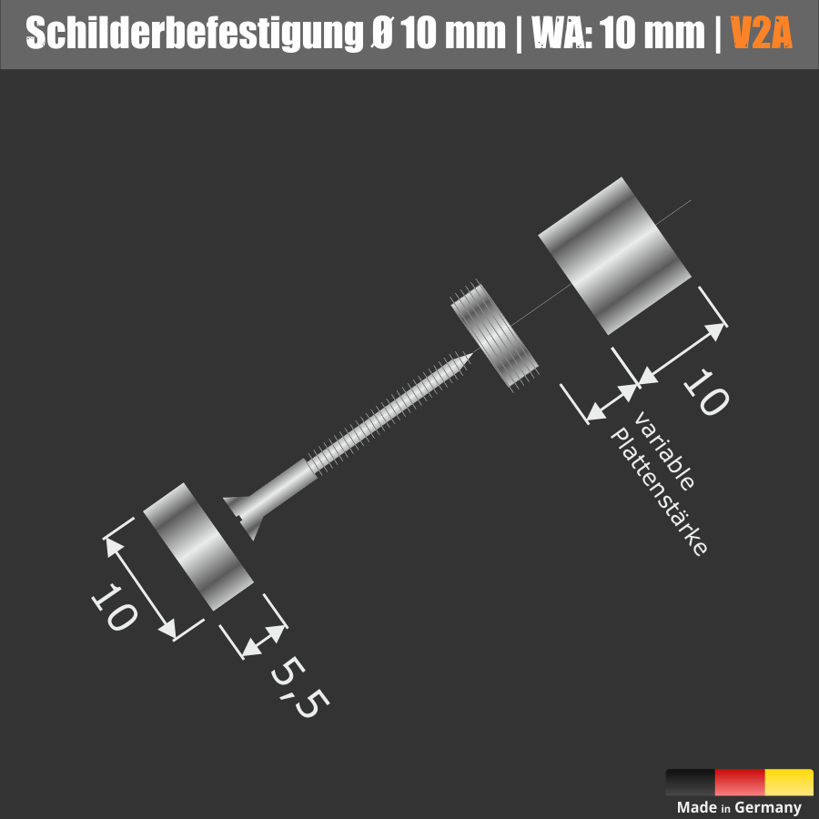 Schilderbefestigung Edelstahl V2A Ø 10x10mm Skizze Gesamtset auf schwarzem Untergrund