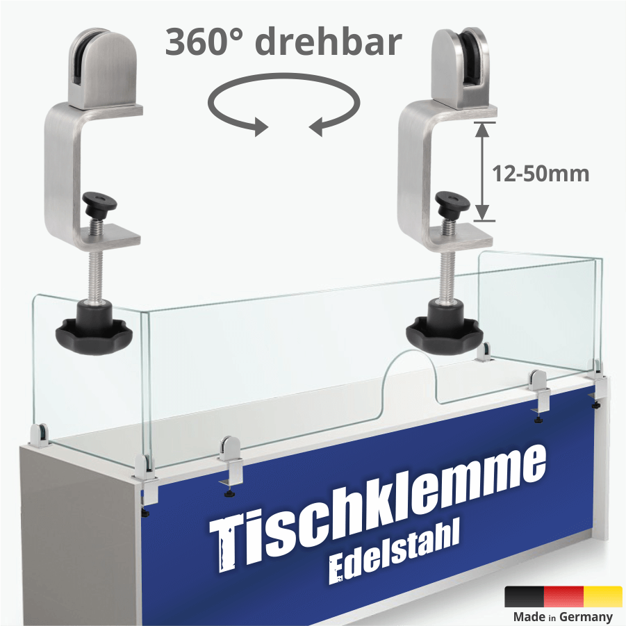 Tischstärke: 12-50 mm | PS: 3-8 mm | Sterngriff Tischklemme Edelstahl Spuckschutz Übersicht mit Scheibe