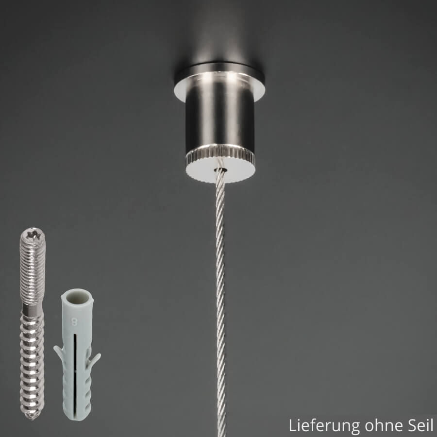 Seilaufhängung Messing vernickelt für Kugelseil mit Stockschraube und Dübel montiert an dunkler Decke