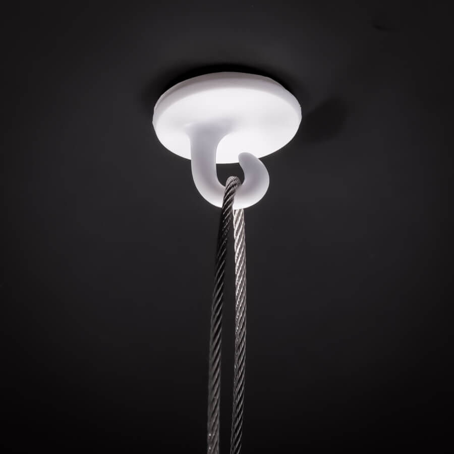 Haken selbstklebend 21 mm | Kunststoff | Haken | Dekohaken bis 200 g klebend an dunkler Decke mit einem Drahtseil in dem Haken
