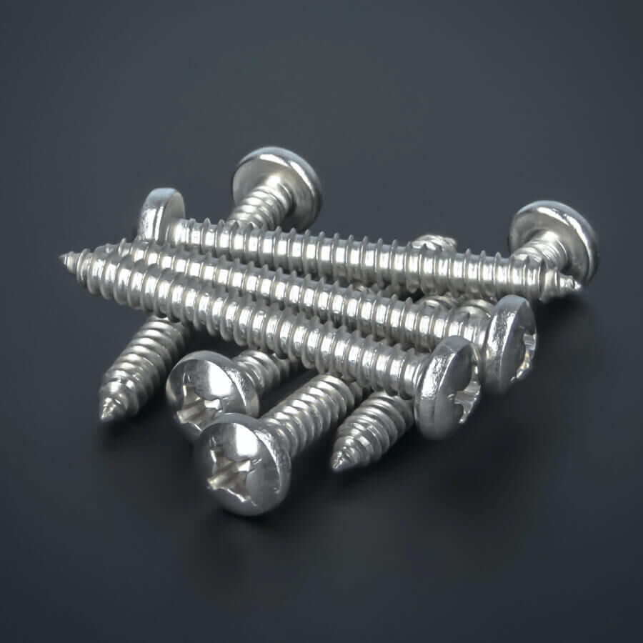 Schraube 6,3x60 mm Edelstahl V2A - A2 Linsenkopf Blechschraube Kreuz größere Stückzahl liegend auf dunklem Untergrund