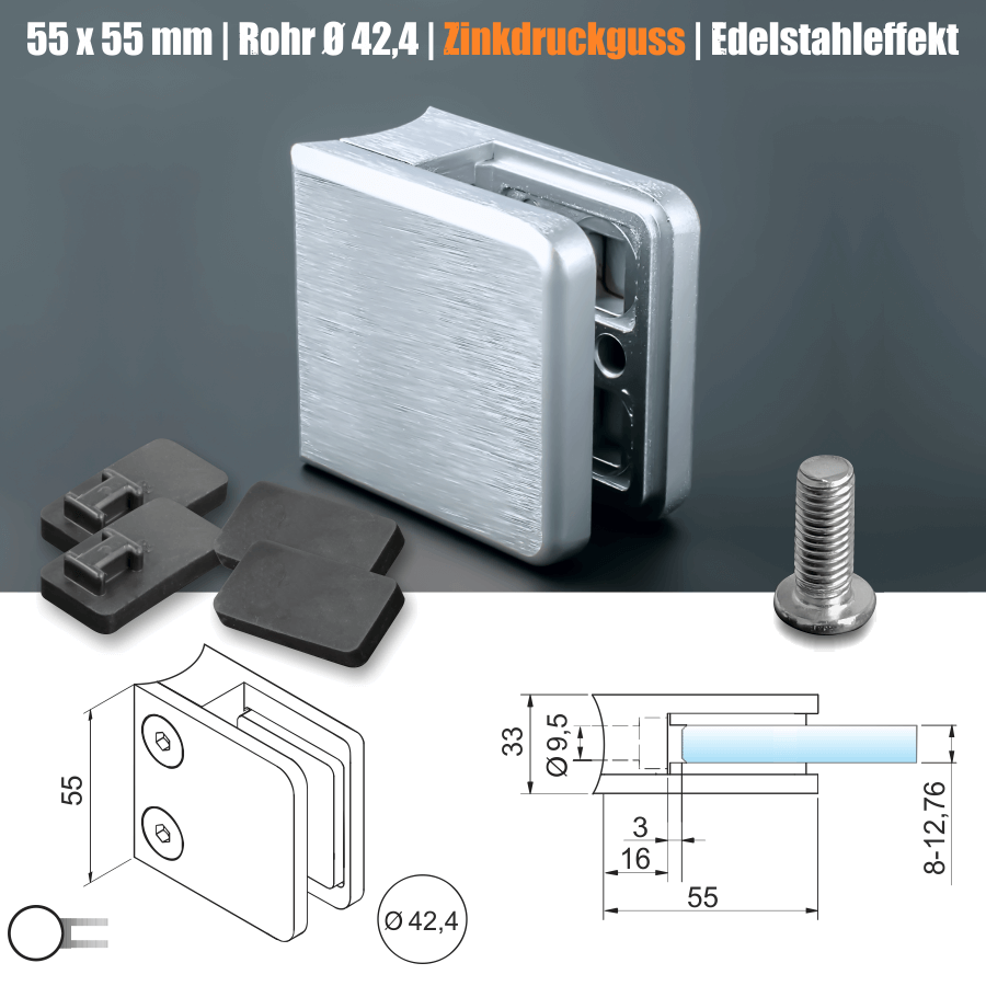 Glashalter Edelstahl Zinkdruckguss für Rundrohr Ø 42,4 Skizze mit Bemaßungen