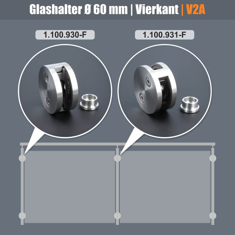 Glashalter Edelstahl rund Ø60mm einseitig Frontmontage flach Anwendungsbeispiel an Geländer