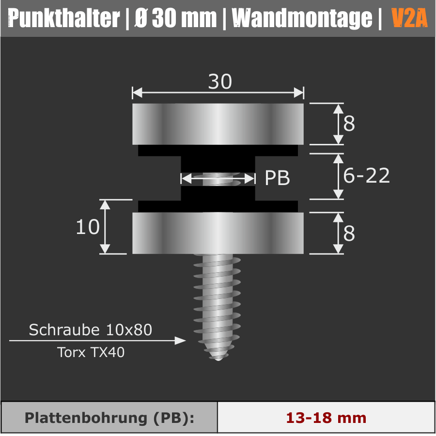 Glaspunkthalter Glashalter Edelstahl Ø30 mm Skizze mit Maße auf schwarzem Untergrund