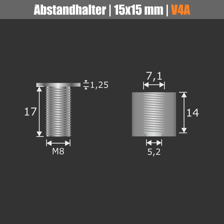 Abstandhalter schraubbar Edelstahl V4A Skizze der einzelnen Bauteile auf schwarzem Hintergrund