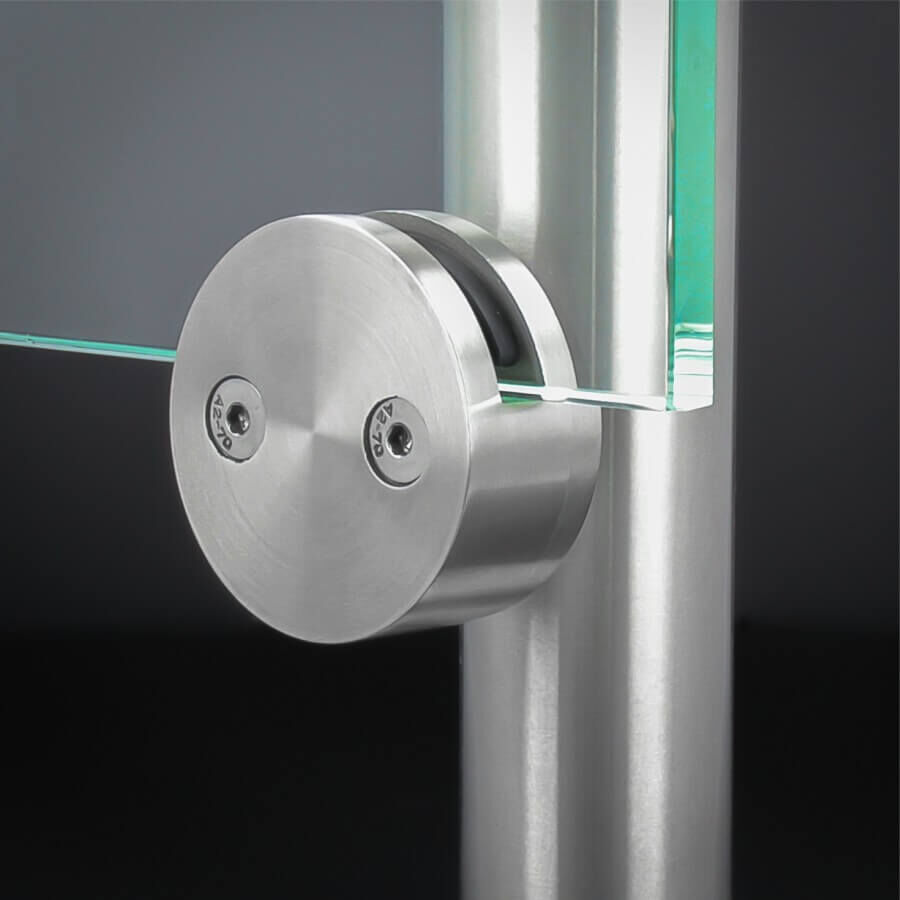 Glashalter Edelstahl rund Ø60mm einseitig front Rohr Ø42,4mm montiert an Rundrohr