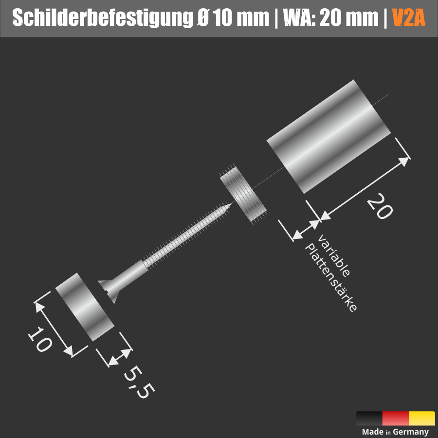 Schildbefestigung Edelstahl V2A Ø 10x20mm Skizze Set auf schwarzem Untergrund