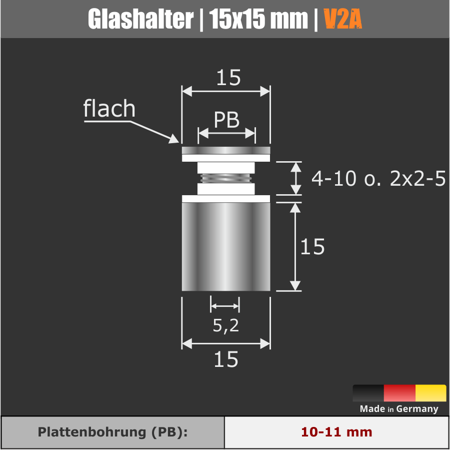 Glashalter schraubbar VA  Ø:15mm Skizze mit technischen Daten und dunklem Hintergrund