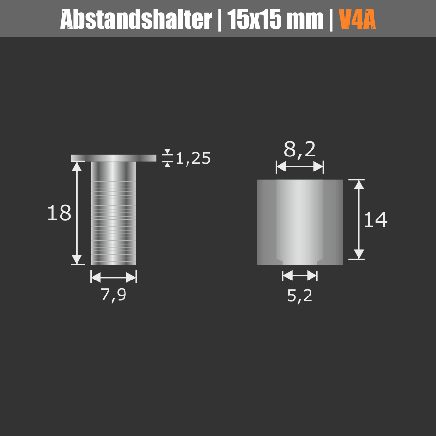 Edelstahl Abstandshalter V4A Skizze der Wandhülse und des Kopfes mit Maßen auf dunklem Hintergrund