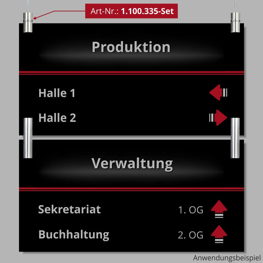 Plattenverbinder Glasverbinder Edelstahl Anwendungsbeispiel mit zwei Platten und Deckenhalterung