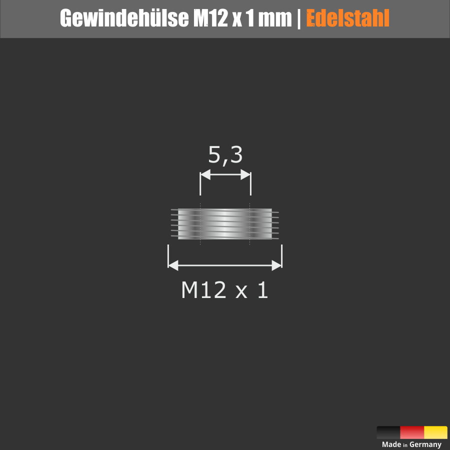 Schilderbefestigung Edelstahl V2A Ø 15x10mm Maße der Gewindehülse auf schwarzem Untergrund