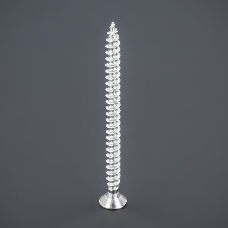 Schraube 3,5 x 50 mm, Edelstahl V2A - A2, Senkkopf - Kreuz Vollgewinde stehend auf dunklem Untergrund