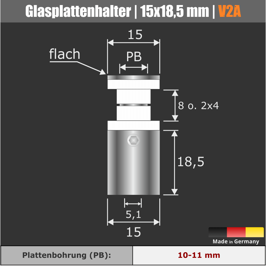 Glasplattenhalter Edelstahl V2A Skizze mit Maßen auf dunklem Hntergrund
