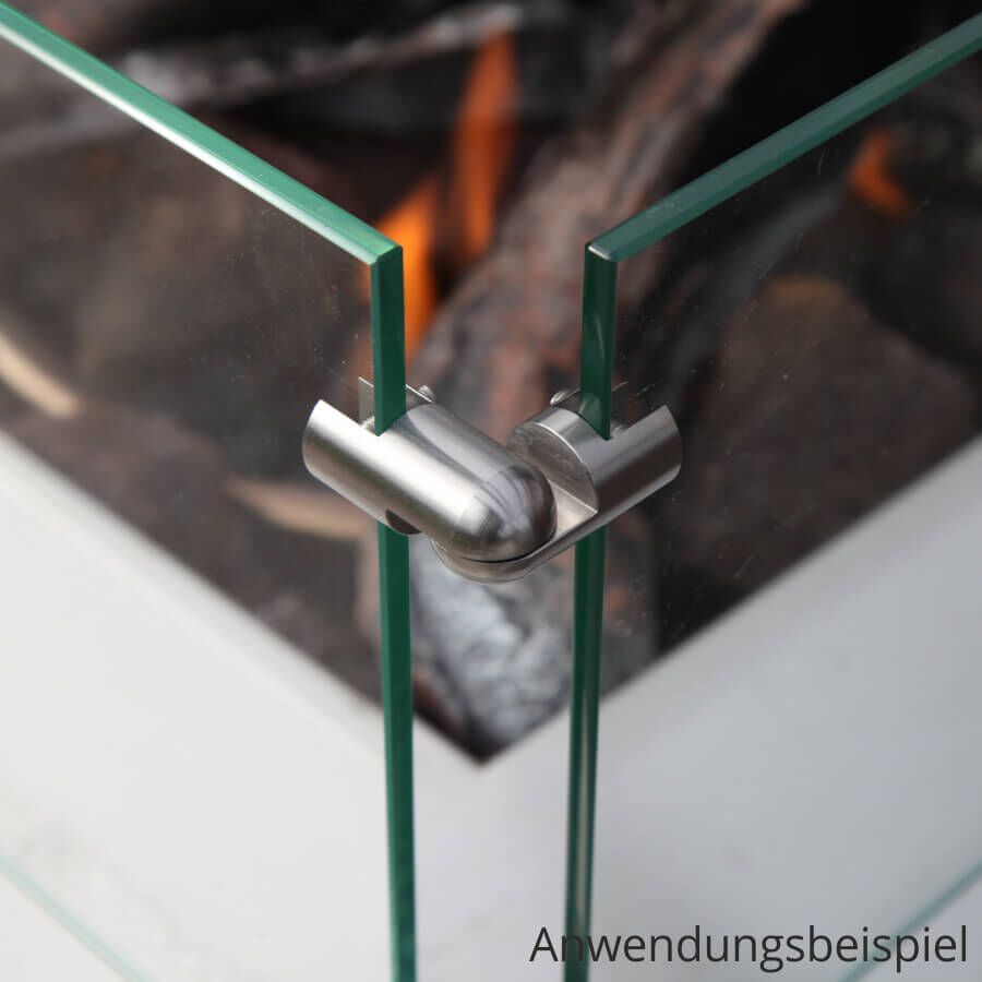 Eckverbinder 90-180 Grad Edelstahl Plattenverbinder Anwendungsbeispiel Verbindung von zwei Glasplatten an einer Feuerstelle