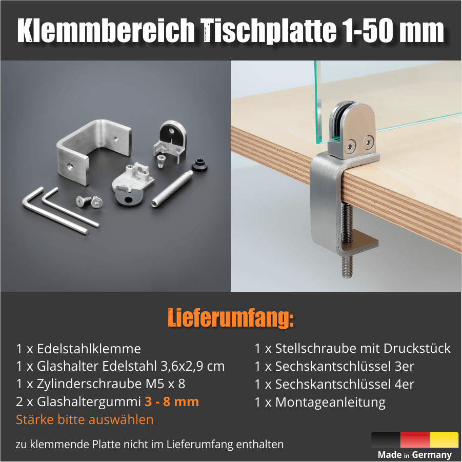 Tischklemme Edelstahl 1-50mm Spuckschutz Abtrennung Lieferumfang und fertig montiertes Set über einer Auflistung des Lieferumfangs abgebildet