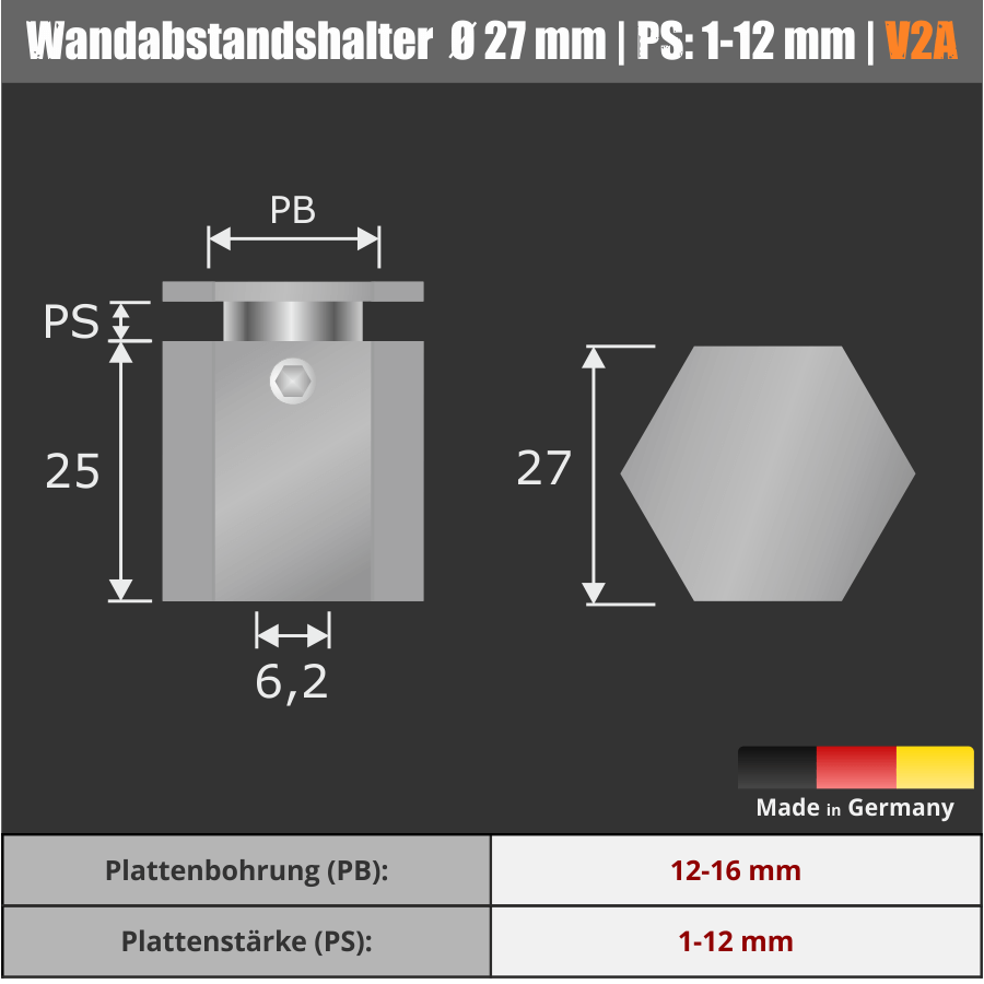 Wandabstandhalter 6-eckig Edelstahl V2A Skizze mit Abmessungen auf schwarzem Hintergrund