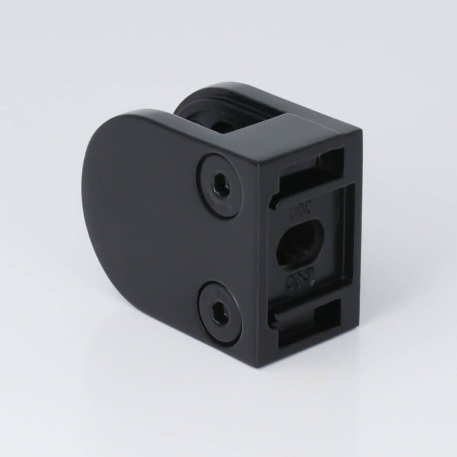 Glashalter Edelstahl V2A 50 x 40 mm schwarz RAL9005 halbrund Rückseite auf hellen Untergrund