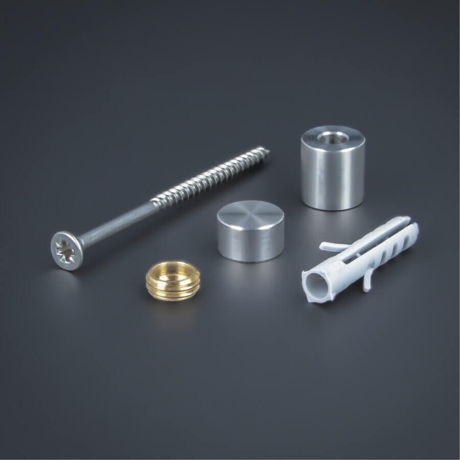 Schilderbefestigung Edelstahl V2A Ø 10x10mm Lieferumfang auf dunklem Untergrund