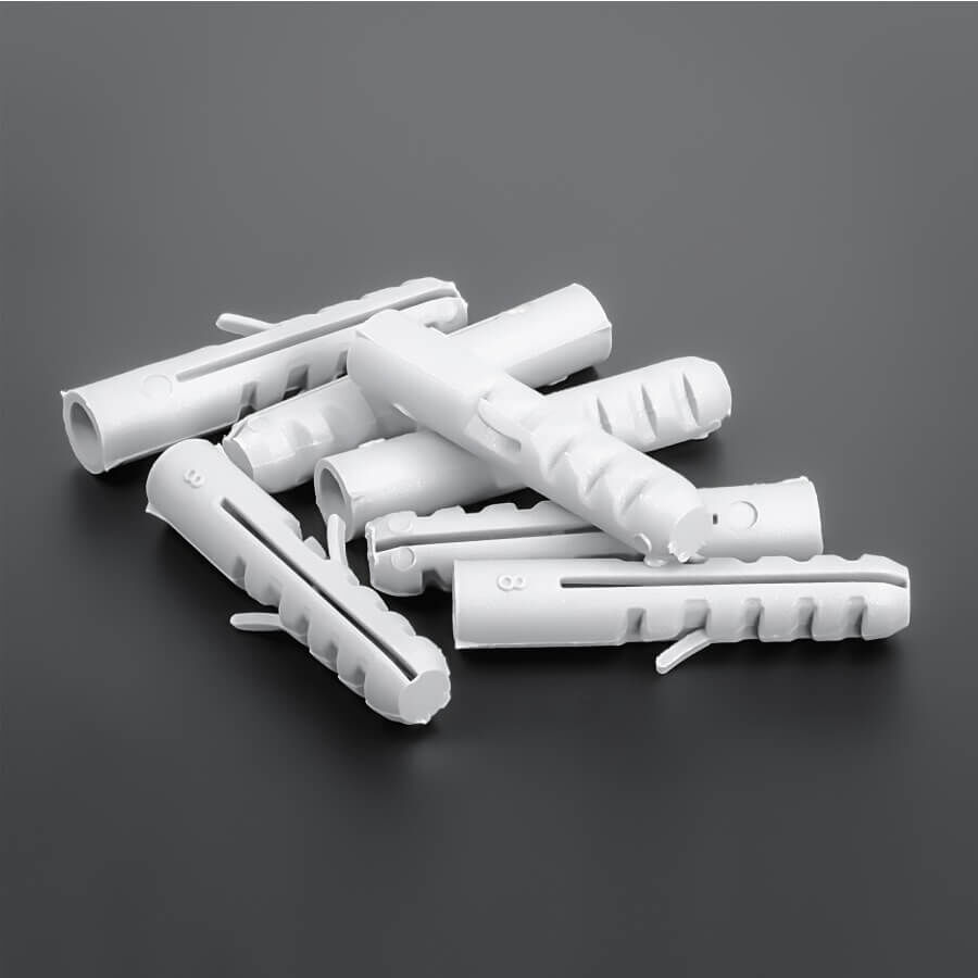 Dübel S8 Nylon Ø 8x40 mm Haufen Dübel auf dunklem Untergrund