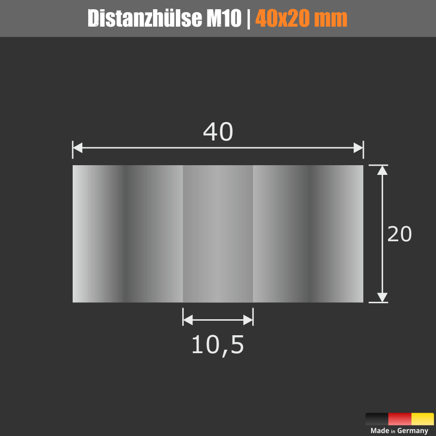 Distanzscheibe M10 Distanzrohr Edelstahl Ø40mm Skizze mit Maßen auf dunklem Hintergrund