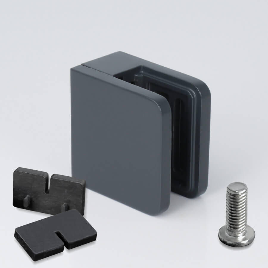 Glasklemmhalter Edelstahl eckig 45 x 45 mm anthrazit RAL7016 auf hellen Untergrund mit Zubehör