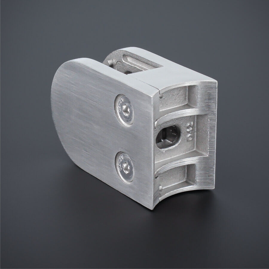 Glashalter mit Sicherungsstift V2A 63x45mm PS: 6-12,76 mm Rückseite auf dunklem Untergrund