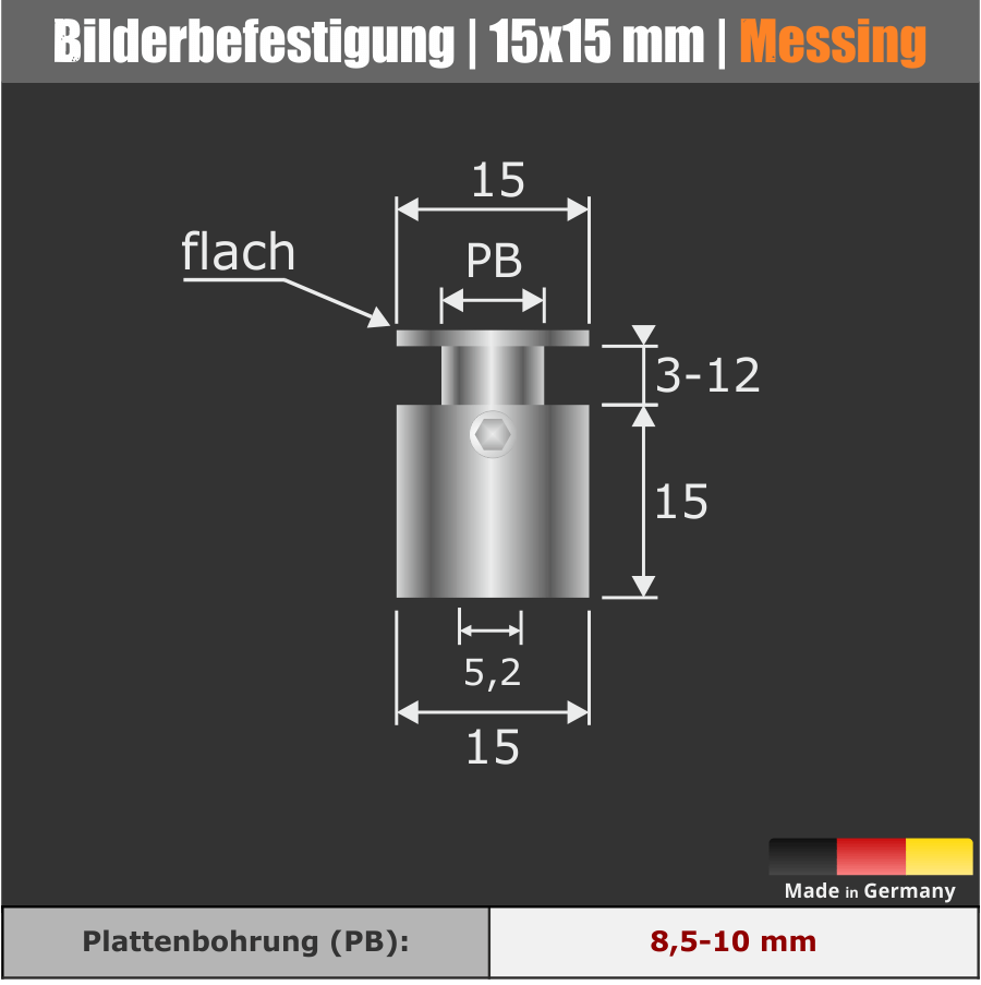 Bilderbefestigung Messing Klarlack Ø15 mm technische Zeichnung mit dunklem Hintergrund
